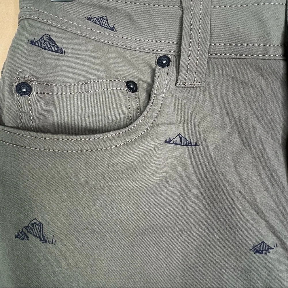 Prana Men’s Brion Olive Green Nylon Shorts With Mountain Print Size 28 X…